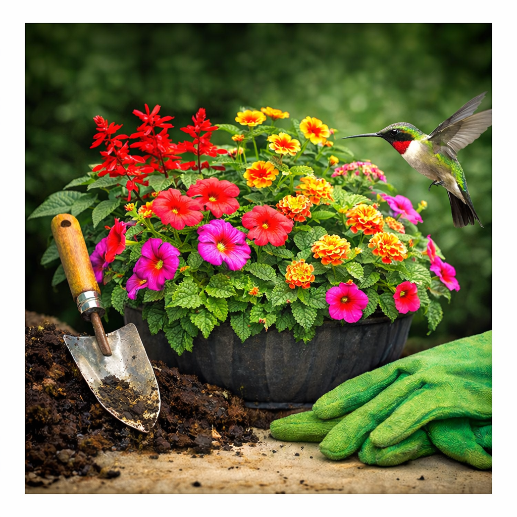 Image of a hummingbird at a planter