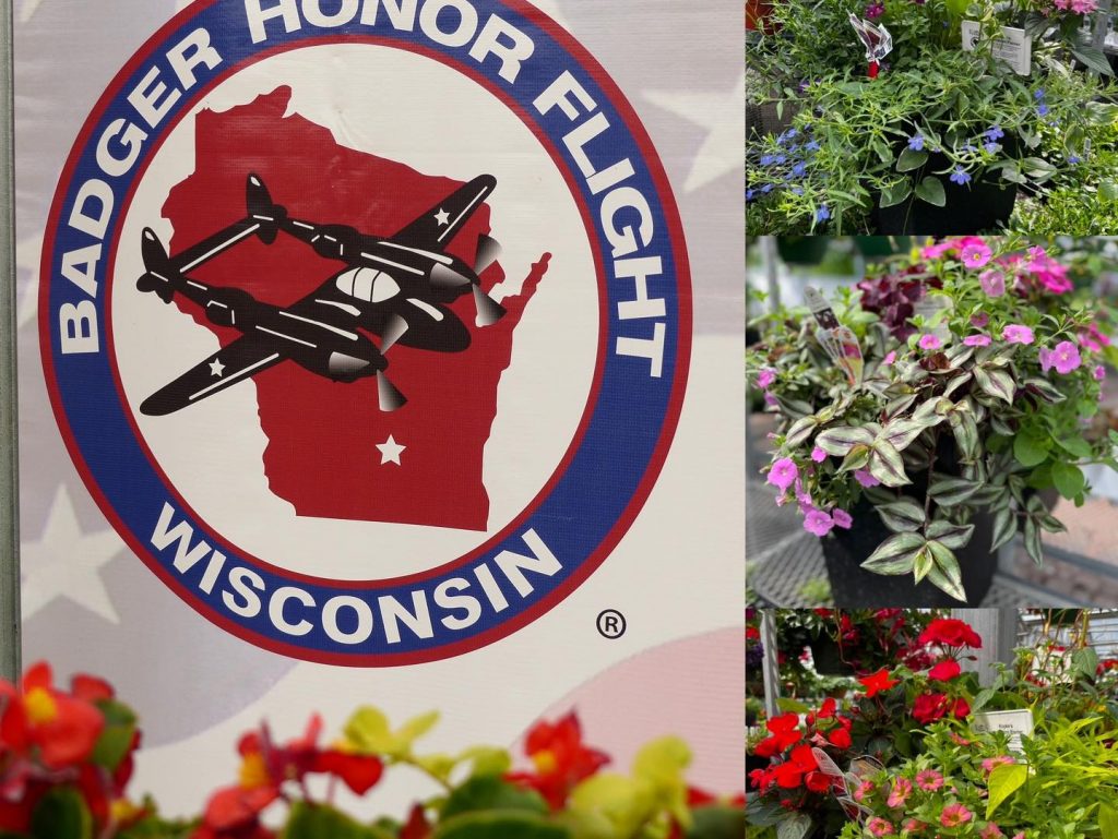 Photo collage featuring flowers and Badger Honor Flight logo