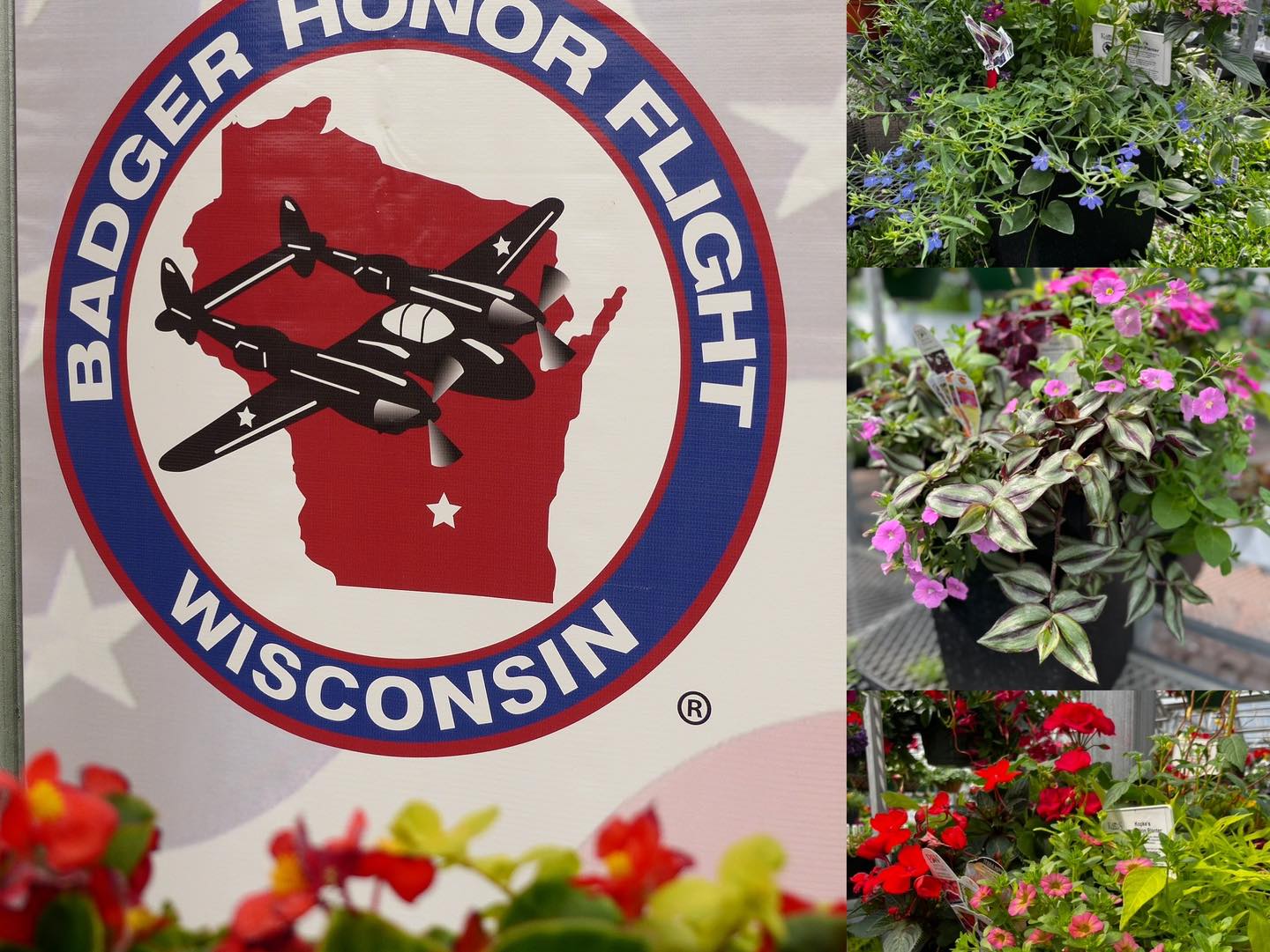 Photo collage featuring flowers and Badger Honor Flight logo
